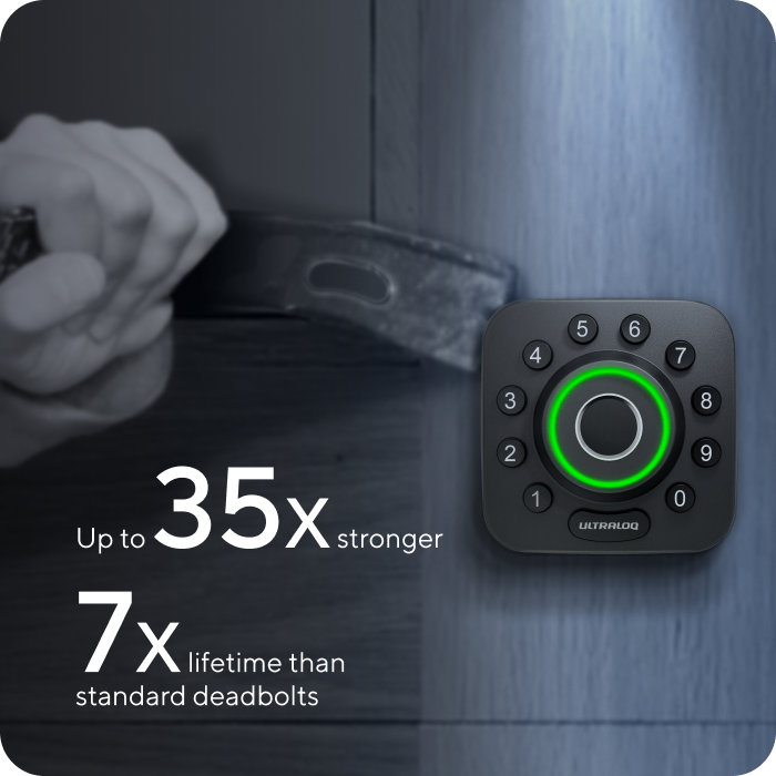 Image showing a smart lock being tested for strength and security, with a hammer striking a lock. Text indicates the lock is up to 35 times stronger and has 7 times the lifespan of standard deadbolts