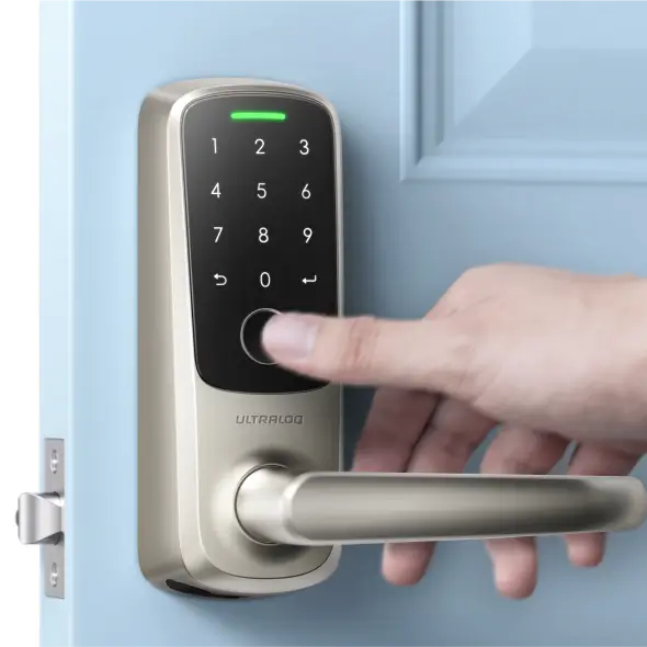 Latch 5 Series banner announcing the world's first smart lever lock, now available in a new satin nickel finish.