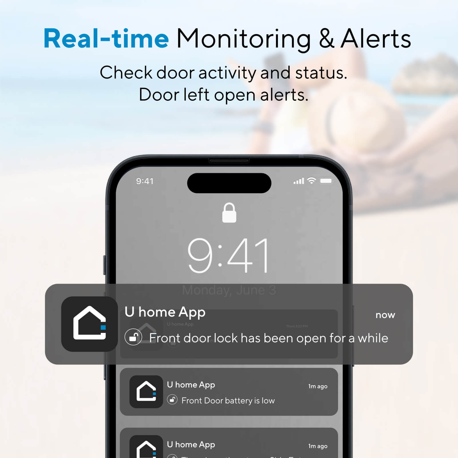 A smartphone showing real-time notifications from the smart lock app, including door activity and battery status alerts, ensuring continuous monitoring.