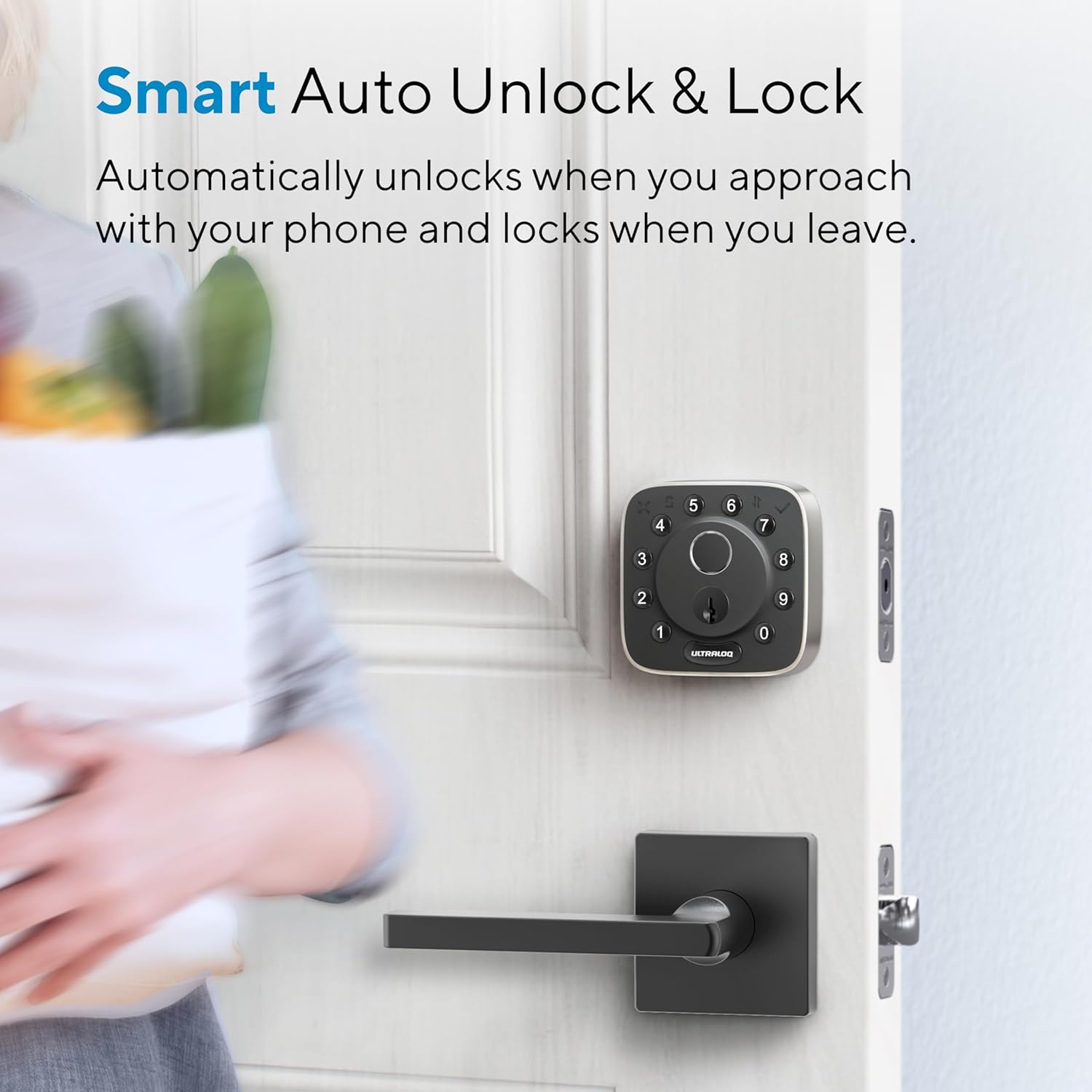 A smart lock installed on a door automatically unlocking as a person carrying groceries enters. The text explains the automatic unlocking and locking feature using a phone.