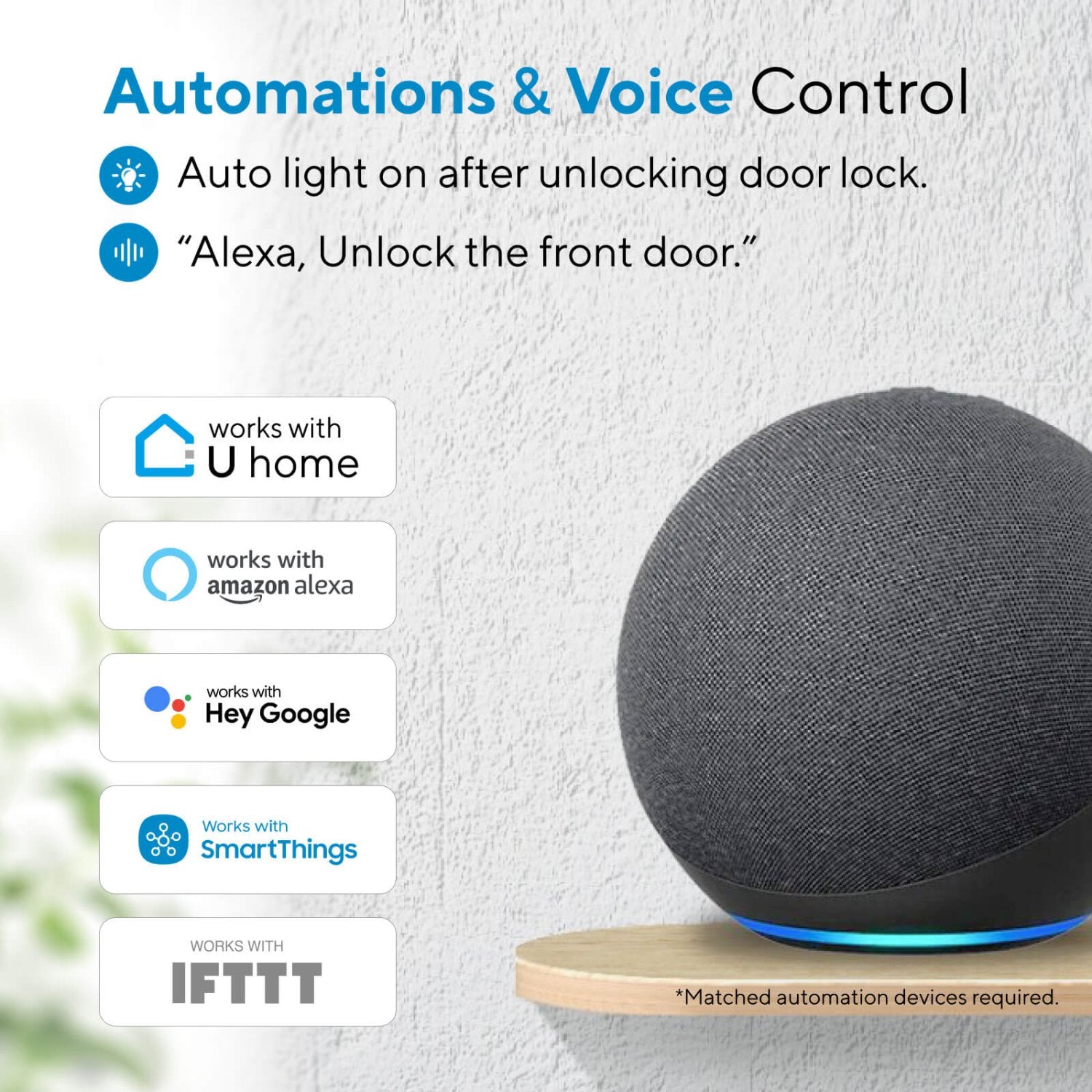 ULTRALOQ U-Bolt Series has automation voice control. The auto light  on after unlocking door lock. For example,you can say 'Alexa,Unlock the front door'.