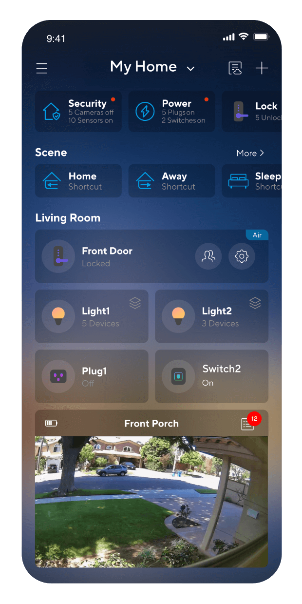 U Home app screen showing control of various devices, including Ultraloq Smart Lock and U-Tec Plug, with a live front porch camera feed at the bottom.