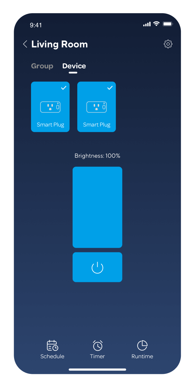 Screenshot of the U Home app showing group control for two smart plugs in the 'Living Room'.