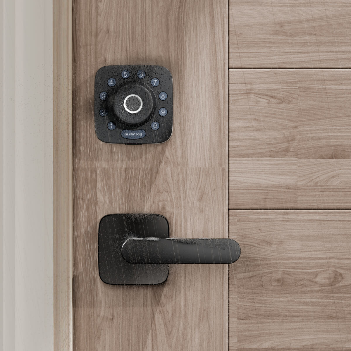 The Aluminum Alloy Black Handle on a wooden door, with water droplets shows its waterproof durability for most weather conditions.