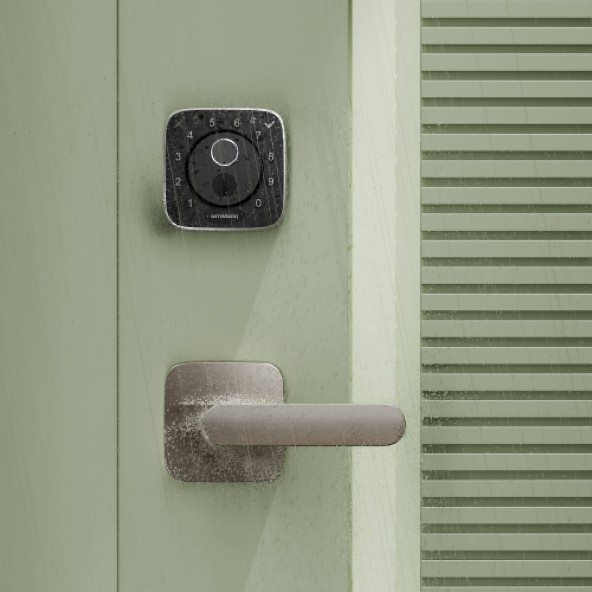 The Zinc Alloy Passage Lever Handle on a wooden door, with water droplets shows its waterproof durability for most weather conditions.